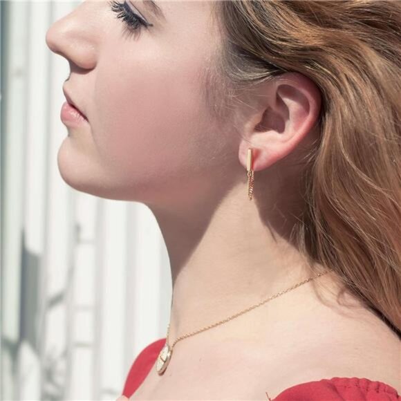 Sterling Silver Chain Earrings for Women - Gold-Plated Hypoallergenic Dangle Stu - Picture 3 of 7